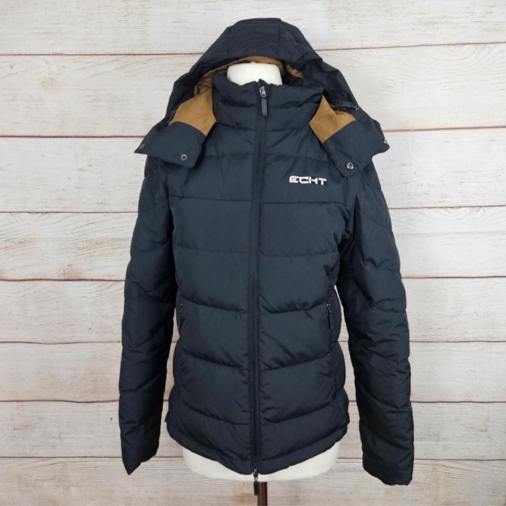 Echt Essentia Black Puffer Down Full Zip Hooded Jacket Size Small